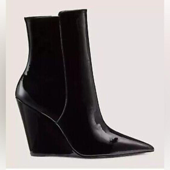 STUART WEITZMAN Stuart Wedge 100 Zip Bootie POINTY PATENT BLACK 9.5 - Picture 1 of 10